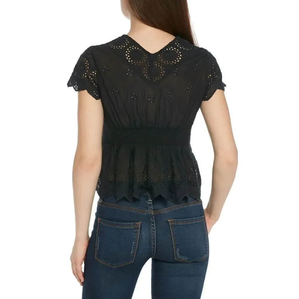 New! FREE PEOPLE Cutout Eyelet Black Top With Peplum Short Sleeve Size Small